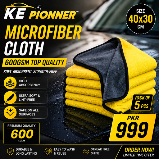 KE PIONEER PACK OF 5 MICROFIBER CLOTHS 40X30CM - 600GSM - TOP QUALITY - YELLOW & GREY