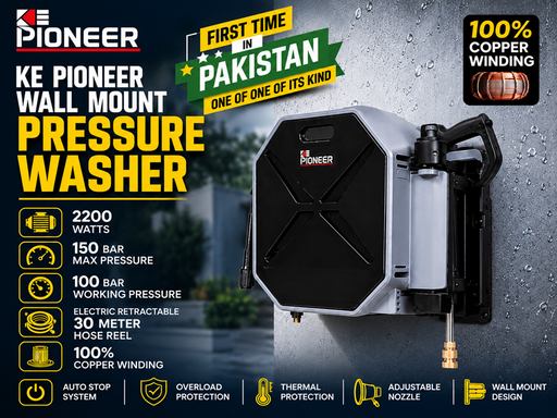 Ke Pioneer Wall Mount Pressure Washer - 90ft Hose Reel - 2200Watts - 150Bar Maximum