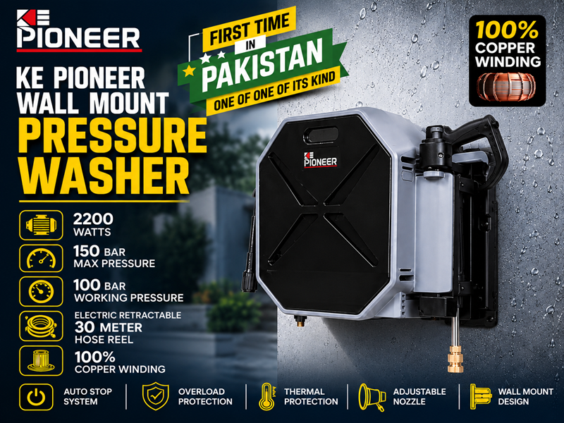 Ke Pioneer Wall Mount Pressure Washer - 90ft Hose Reel - 2200Watts - 150Bar Maximum