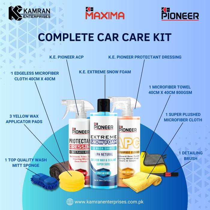 K.E PIONEER Complete Car Care Kit - Snow Foam Shampoo - APC - Protectant Dressing - Microfibers - Applicators - Brush