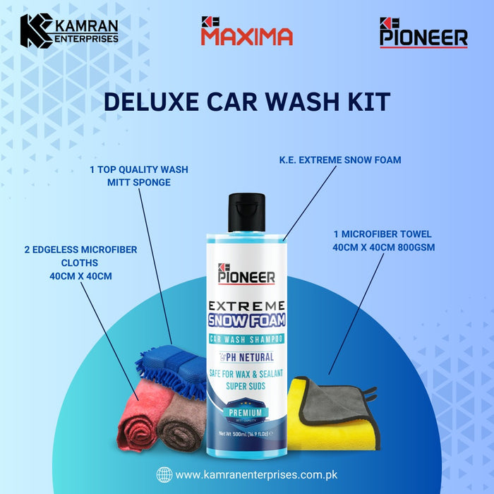 DELUXE CAR WASH KIT - K.E Pioneer Snow Foam Shampoo + Microfibers + Wash Mitt Sponge