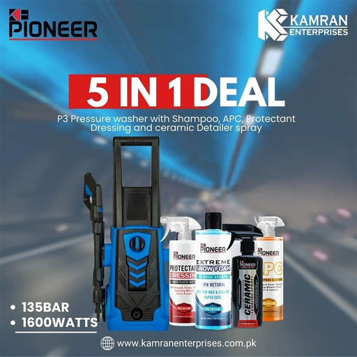 KE PIONEER 5 IN 1 P3 135BAR PRESSURE WASHER WITH FOAM LANCE + SNOW FOAM SHAMPOO + APC + PROTECTANT DRESSING + CERAMIC COATING SPRAY