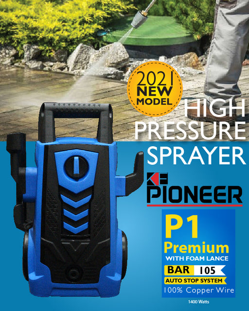 K.E. PIONEER P1 PREMIUM 105BAR HIGH PRESSURE WASHER - 1400WATTS - 100% COPPER WINDING - WITH FOAM LANCE - TOP QUALITY
