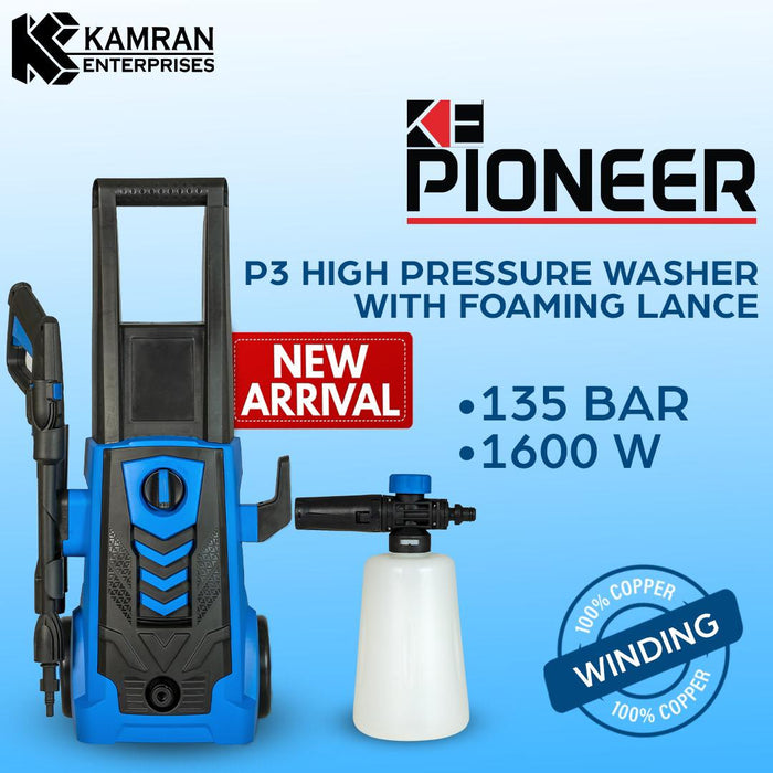 K.E PIONEER P3 135BAR HIGH PRESSURE WASHER - 1600WATTS - WITH FOAM LANCE - 100% COPPER WINDING